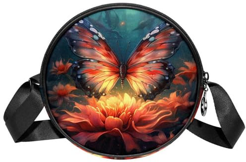 FVQL Kleine Umhängetasche für Damen, runde Umhängetasche, Handtasche, Blumen mit Schmetterling