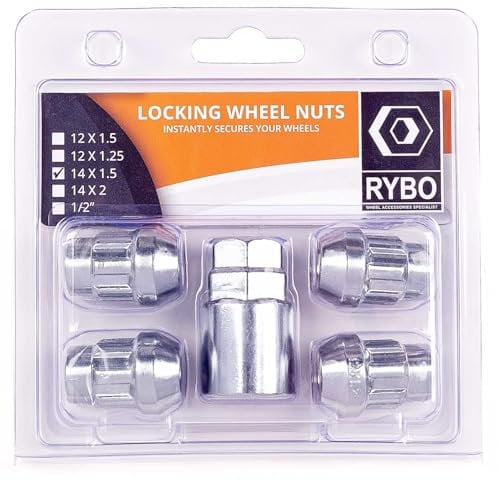 RYBO Set of 4 Alloy Wheel Locking Nuts, Silver (M14 x 1.5)
