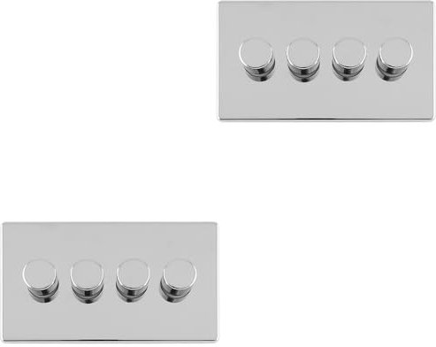 2 Pack 4 Gang Dimmer Switch 2 Way LED SCREWLESS Polished Chrome Light Dimming - Decorative Metal Wall Plate