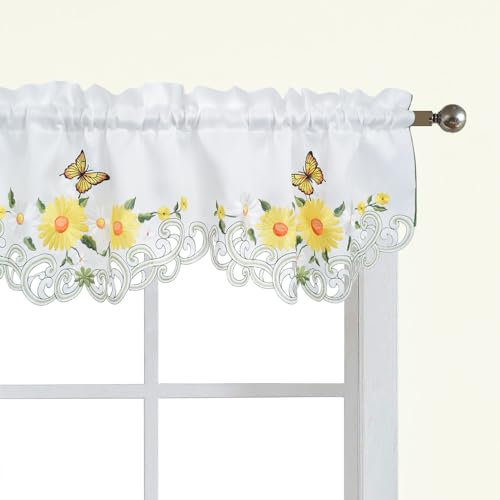 Molaxhome Schillernd Bestickt Scheibengardinen Kurzstores Fenster Valance Küchengardinen Bistrogardine Fenstervorhang Küche Vorhänge Fensterschal, Stabtasche Valance 146x35 gelb