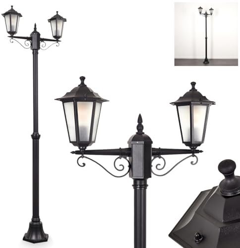 Außenwegeleuchte Loria, Wegeleuchte aus Metall/Milchglas in Schwarz/Weiß, Kandelaber 2-flammig in antikem Look, Höhe max. 200 cm, Gartenbeleuchtung IP44, 2 x E27, ohne Leuchtmittel