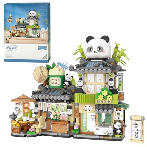 Japanische Straßenansicht Panda Teeladen Mini Bausteine, MOC Kreatives japanisches Spielzeug Modellset, 860 teiliges Simulations Architektur Konstruktionsspielzeug (nicht kompatibel mit Leg Blöcken)