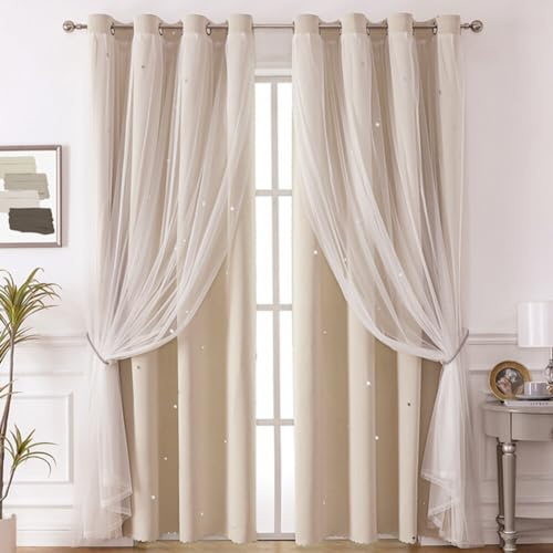 URFEDA Rideau Double Voilage à Dentelle Rideau Occultants Thermiques Rideaux étoilés Semi-translucide Rideaux Beige à Oeillets Voilages Intérieur Fenêtre en Polyester Souple Moderne 132x214cm