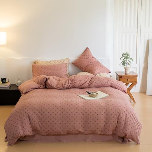 Set copripiumino matrimoniale in jersey di cotone lavorato a maglia, con chiusura a cerniera, motivo a quadri rosa cipria, colore malva a scacchi