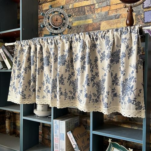A.Monamour Gardine Scheibengardinen Kurzstores Bauernhaus Baumwolle Leinen Blau Geblümt Semi Verdunkelung Kurzvorhang Kurzgardinen Küchengardine Küche Vorhang Fenster Kurz Stores Bistrogardine