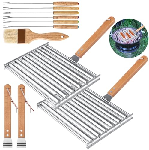 Hot Dog Roller für Grill mit 6 Grillspießen, 1 Saucenbürste – BBQ Hotdog Rollergrill, Wurstwalze aus Edelstahl mit Holzgriff, Grillrollen-Werkzeuge, 24,9 x 18,9 cm
