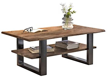SAM B-Ware Couchtisch 115x65 cm Philipp, Sofatisch mit Ablage, Akazienholz massiv + nussbaumfarben + lackiert, Beistelltisch mit echter Baumkante, U-Gestell Schwarz