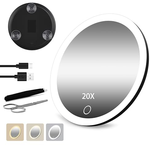 Junyaoxuan Miroir grossissant x20 avec lumière, grand miroir de maquillage grossissant de 15,2 cm avec 3 couleurs à intensité variable, portable à DEL grossissant avec 3 ventouses, noir