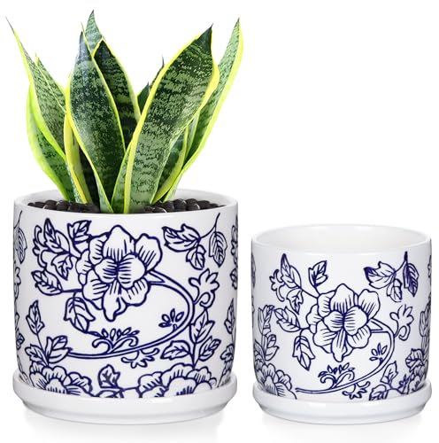 Hollyone 2er-Set Keramik Pflanztöpfe Blau Weiß Blumentopf, Runde Keramik-Pflanztöpfe mit Drainagelöchern und Untersetzer, Retro Kleine Pflanztopf für Sukkulenten Kaktus Outdoor Garten