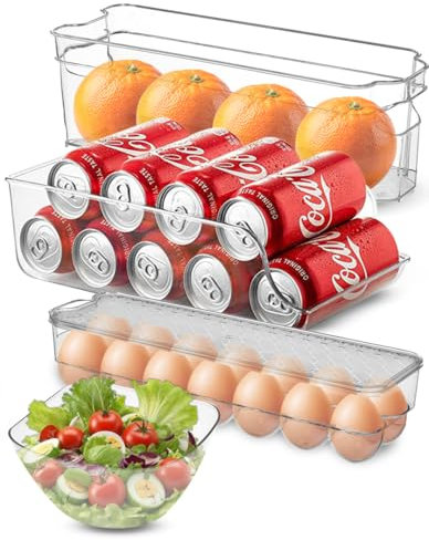 MYELECTROID Organizador Nevera sin BPA, Organizador Frigorifico Transparente, Almacenaje Nevera Ahorra Espacio para la Cocina, Organizadores para la Despensa, Despensa - Huevera - Portalatas - Postres