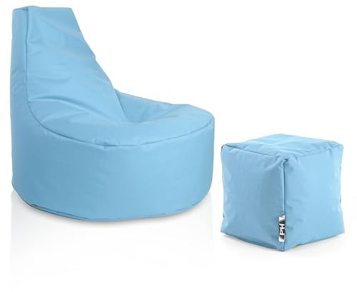 PATCH HOME Gaming Sessel mit Hocker – Sitzsack für Erwachsene & Kinder, – Perfekt für Gaming, Lounge, In & Outdoor (Helles Blau, Ø80cm, 30cm Sitzhöhe, 90cm Höhe + 35x35cm Würfel)