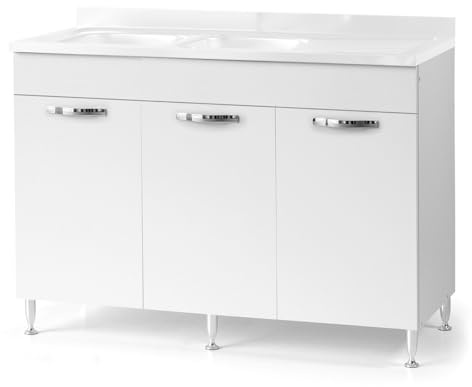 REDÒKASA Sottolavello per cucina componibile da 120 cm con tre ante, realizzata in legno 100% MADE IN ITALY (Senza Lavello, Bianco Frassino)