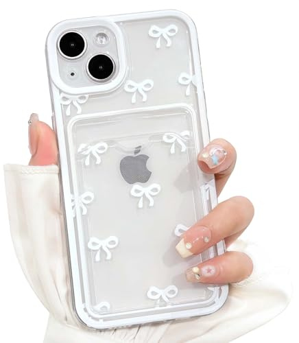 NITITOP Compatible with iPhone 14 Case Clear Bow Wallet,White | for Women Girls, Cute Bowknor Ribbon Design, with Card Holder, Color Frame, Soft TPU Shockproof Cover, Full Camera Protection