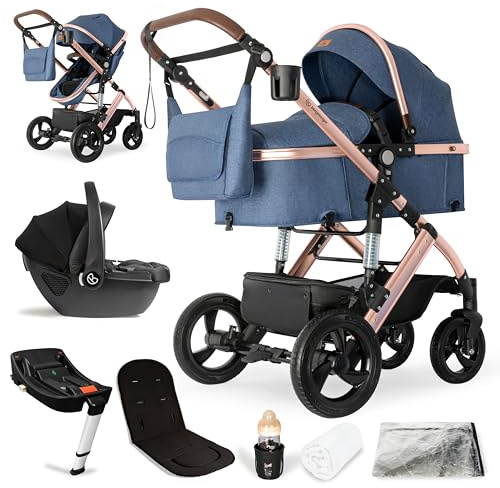 Bergsteiger Nizza 3 in 1 Kinderwagen, Kombikinderwagen Komplettset, Auto-Babyschale & Isofix Station, Babywanne & Buggy Sportsitz inklusive