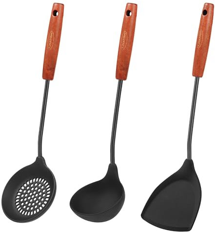 FJNATINH Juego de 3 espátulas de silicona resistentes al calor, cucharas de cocina y espumadera sin BPA, acero inoxidable y mango de madera, color negro