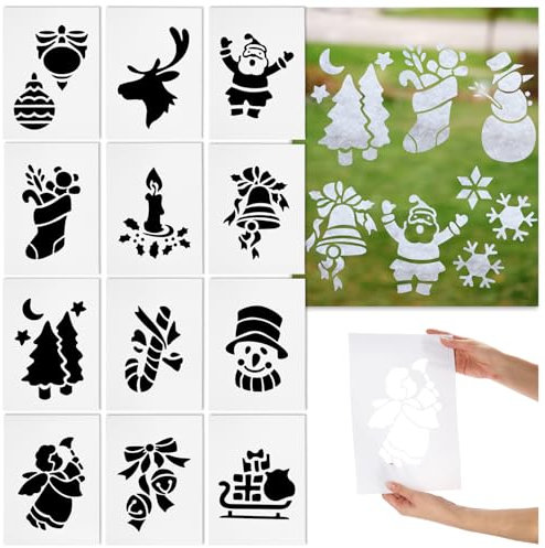 com-four® 12x Weihnachts-Schablonen für Schneespray – Wiederverwendbare Papier-Schablonen mit festlichen Motiven – Sprühschnee Fenster-Deko für Weihnachten [Auswahl variiert] (12x Schablonen)