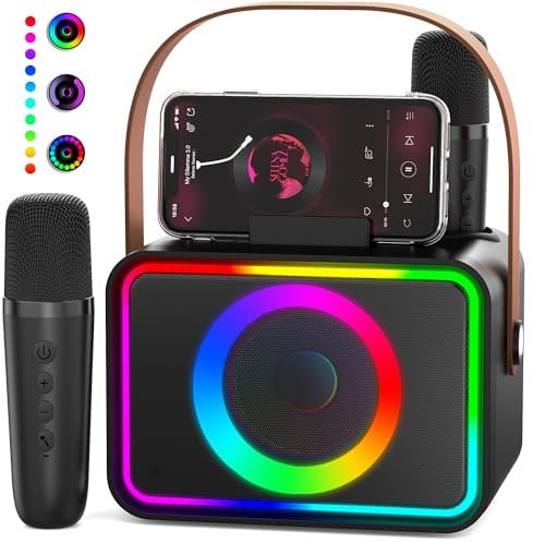 Macchina per karaoke con 2 microfoni per adulti e bambini, altoparlante portatile Bluetooth per karaoke per adulti e bambini, sistema PA per feste, con luci da discoteca, per riunioni, regali per la