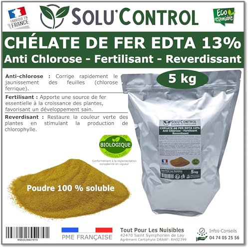 Solu'Control Chélate de Fer EDTA 13%, Anti-chlorose, Fertilisant, Reverdissant, 5 kg