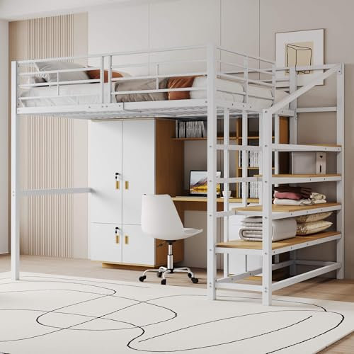 NQSLDM Hochbett Metallbett 140x200 cm mit Treppe und Stauraum, Etagenbett Einzelbett mit Rausfallschutz und Lattenrost, Stauraumbett für Kinder, Jugendliche und Erwachsene, Weiß