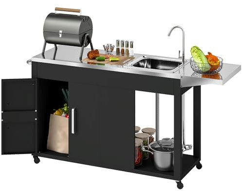 Outsunny Grillwagen Servierwagen mit Arbeitsfläche Seitenblatt Schrank Spüle Räder, BBQ Grilltisch aus Edelstahl, Outdoor Grill Beistelltisch für Garten, Terrasse, Grill 162,5 x 47 x 87cm Schwarz