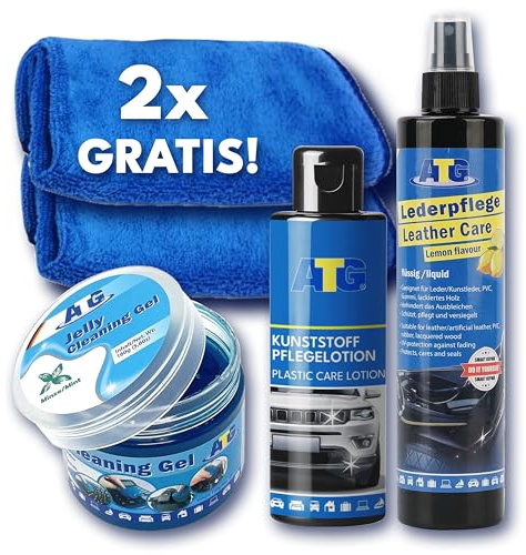 ATG® Premium Autopflege Innen Komplettset – Edle Lederpflege mit Zitrusduft & UV-Schutz Kunststoffpolitur – Tiefenreinigung für Cockpit & Lüftung – Inkl. Reinigungsgel & 2 Mikrofasertücher