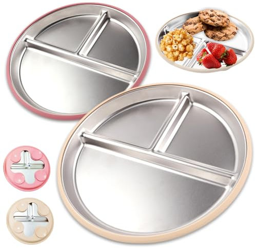 Platos infantiles de acero inoxidable, 2 Piezas placas de bebé de acero inoxidable, Plato de Acero Inoxidable para Niños, Plato infantil de acero inoxidable con ventosa, para Niños Pequeños Y Niños