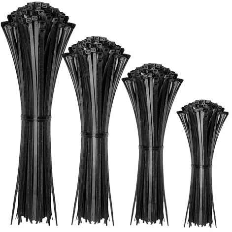 Kit Polyvalent de Colliers de Serrage en Nylon Noir - 400 Pièces en 4 Tailles : 4 x 100 mm, 4 x 150 mm, 4 x 200 mm & 4 x 250 mm - Autobloquants, Résistants aux UV, à la Chaleur et à l'Humidité - Durab