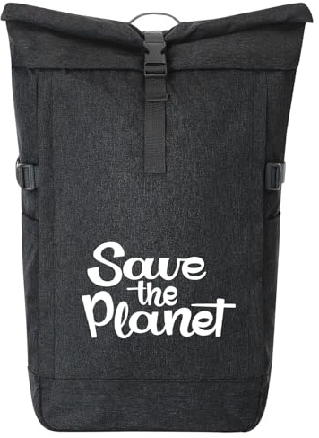 Huuraa Kurierrucksack Save the Planet Schriftzug 30-44 Liter Black Melange Fairtrade Rolltop Rucksack Geschenkidee