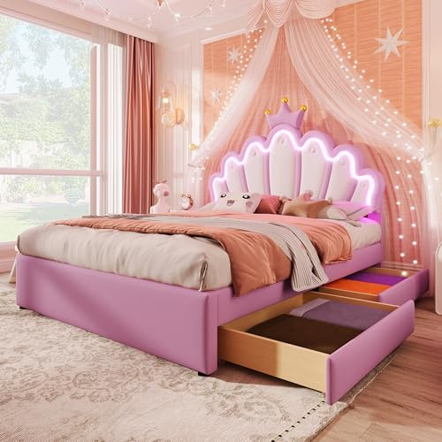 RIAZOS Kinderbett Polsterbett 140x200, Kronenförmiges Prinzessinnenbett, Doppelbett mit LED und 2 Schubladen, Bettgestell für Mädchen, mit Verstellbares Kopfteil, PU-Leder, Rosa, ohne Matratze