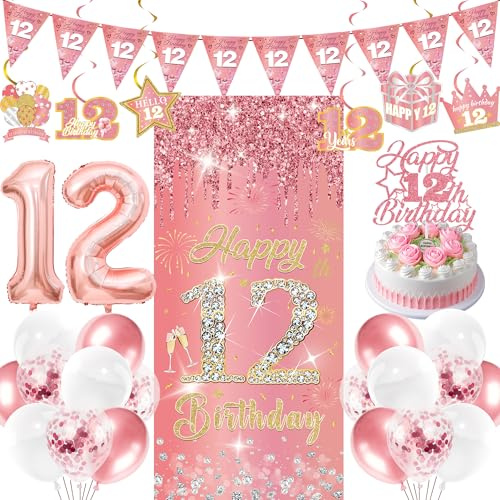12 Geburtstag Mädchen Luftballon Deko - 29 Stück Deko fur Kinder | Rosegold Glitzer Deko für 12 Geburtstag Kinder mit Banner Wimpel Tortendeko Hintergrund Zahl Ballon Wirbel ideal für Party