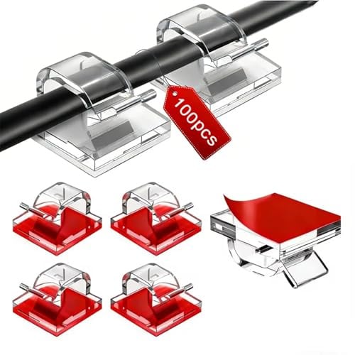 HUANR 100 Pezzi Mini Clip per Cavi, Trasparente Ferma Cavis, Autoadesivo Fermacavi Scrivania, Utilizzato per Stringhe di LED, Cavi USB e Cavi di Rete