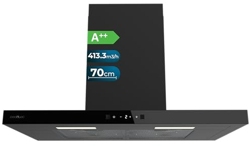 Cecotec Cappa Aspirante a T Bolero Flux TT 704400 Black A++, 70cm, 413,3m³/h Aspirazione, Classe A++, Controllo Touch Invisibile, Hand Movement Control, Funzione Booster, Filtri Lavabili