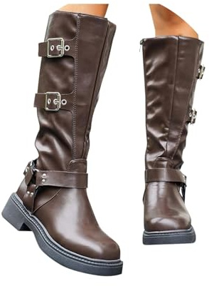 ORANDESIGNE Stivali Al Ginocchio Donna Moda Biker Motociclista Con Zip Laterale Comodi Scarpe con Multi Fibbie Anfibi A Marrone Scuro 38 EU