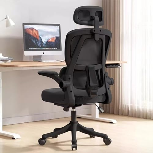 XUEGW Ergonomischer Bürostuhl – Schwarz | Hochlehner Netz-Bürostuhl mit Lendenstütze,Klappbaren Armlehnen und Verstellbarem Kopfstütze | Für Home Office,Gaming & Studium