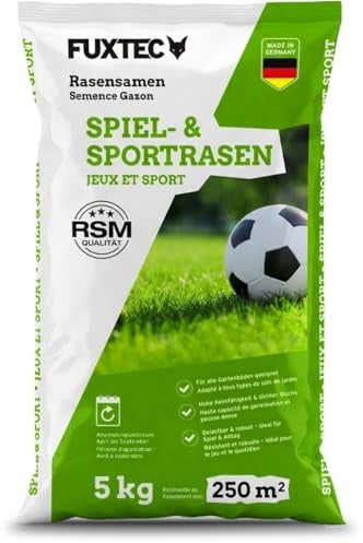 FUXTEC FX RSSP5 - Semillas de césped de jardín para siembra nueva y post-siembra, alta capacidad de germinación, crecimiento denso, resistente y resistente a pisadas, 5 kg para aprox. 250 m²