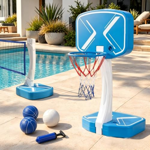 LIFEZEAL Filet de Volleyball et Panier de Basketball pour Piscine | Jeu de Basket-Ball et Volley-Ball pour Piscine avec 2 Ballons de Basket, Pompe, Base Remplissable, pour Enfants, Adultes
