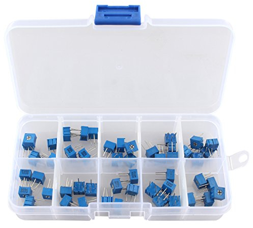 HALJIA Potentiometer-Set, sortiert, mit Kunststoff-Box, 50 Stück, 10 Widerstandswerte, 100 Ohm bis 1 M Ohm, 3362