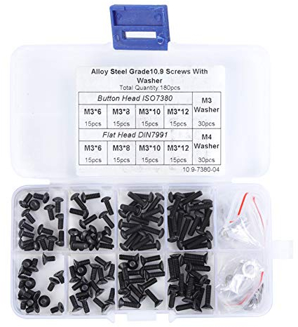 M3 Coffret de 180pcs Assortiment Vis Boulon Tête Plate/Bombée Six Pans Creux Entièrement Filetée en Acier Allié avec Rondelle Plate M3 x 6/8/10/12mm