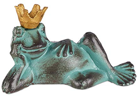 Relaxdays Gartenfigur Froschkönig, wetterfest, liegender Frosch, mit Krone, Dekofigur, Balkon, Gusseisen, Größe L, grün