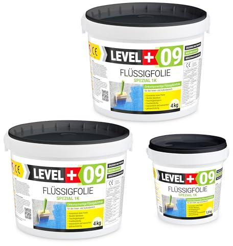 Level + 09 Flüssigfolie Spezial für Balkon, Terrasse, Bad & Dusche | Dichtfolie unter Fliesen auf Beton, Putz & Estrich – Flüssigabdichtung, Wasserdicht, Frostbeständig & Gebrauchsfertig –9,5 kg
