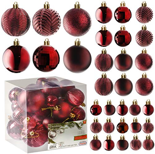 Prextex Red 36-Piece Shatterproof Christmas Ball Ornament The Perfect Glitter Balls, Christmas Tree Baubles Christmas Decorations, Exquisite Xmas Combo of 36 Christmas Balls and Shape Styles