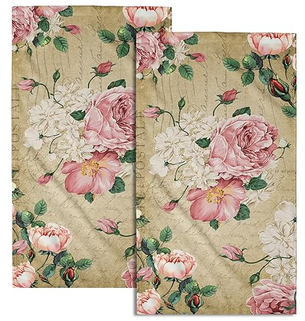 Handtücher, Vintage-Rosen-Blumenmuster, 38.1 x 76.2 cm, 2 Stück, Retro, rosa Blume, Blätter, Stempel, Haar-Gesichtshandtuch, weich, sehr saugfähig, Shabby-Chic, Beige, Frau, Gästetuch
