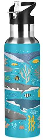 Mnsruu Pesce Squalo Balena Blu Mare Borraccia Termica con Cannuccia Sportiva, Bottiglia Acqua in Acciaio Inox Isolato 600ML Senza BPA per Bevande Calde e Fredde per Bambini Scuola