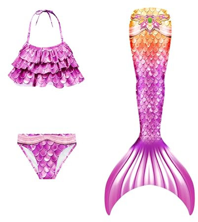 NAITOKE Meerjungfrauenschwanz mit Bikini für Mädchen,3pcohne Monoflosse