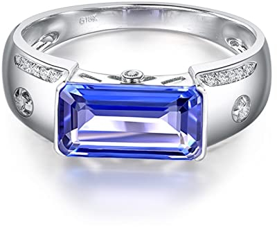 Ring Damen Vintage, Ringe Frauen Modern 18 Karat (750) Weißgold mit 2,6ct Blau Baguetteschliff Tansanit Größe 65 (20,7)
