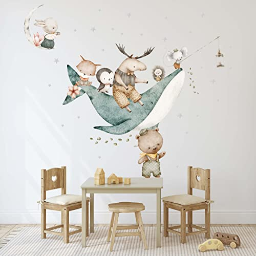 WANDKIND Magischer Wal Reiter Tiere Wandtattoo Kinderzimmer V382 | handgezeichnet | AUFKLEBER Kindergarten | Babyzimmer Wandsticker Bär, Fuchs und Hase (40 x 40 cm)