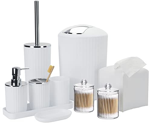 Badezimmer-Zubehör-Set – 10-teiliges weißes Badezimmer-Zubehör-Set mit Mülleimer, Zahnbürstenhalter und Tasse, Seifenspender, Seifenschale, WC-Bürstenhalter, Schminktisch, Qtip-Halter,