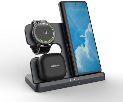 OneCut 3 in 1 Wireless Charger for Samsung Galaxy S24 Ultra S23 S22 S21+S20 FE S10 S9 Note 20 Z Filp Fold 5 4 3, Galaxy Watch 6/5 Pro/4/3/Active 2, Galaxy Buds 2/Pro/Live