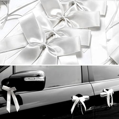 50 Autoschleifen Hochzeit Handgemacht Satinband Antennenschleifen Einfaches Binden am Auto – Weiß 25x12cm