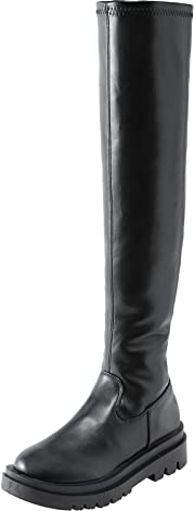 Fucouture Stivali da donna eleganti sopra il ginocchio con tacco basso, in pelle con cerniera laterale spessa fondo elasticizzato, Nero, 40 EU